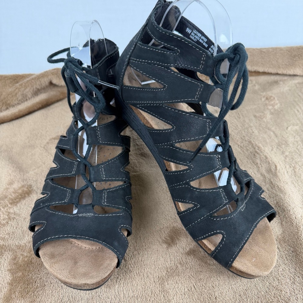 Earth Origins Kendra Kamilla Black Leather Gladiator Lace Up Wedge Sandals 9W